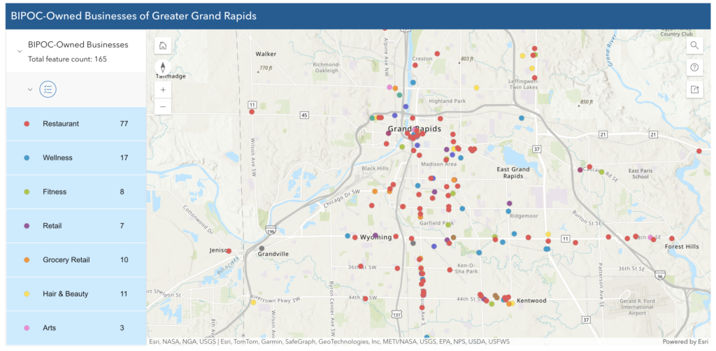 A screen shot of the BIPOC-Owned Businesses Map of Greater Grand Rapids. It shows a map of Grand Rapids with dots representing locations of BIPOC-owned businesses and organizations.