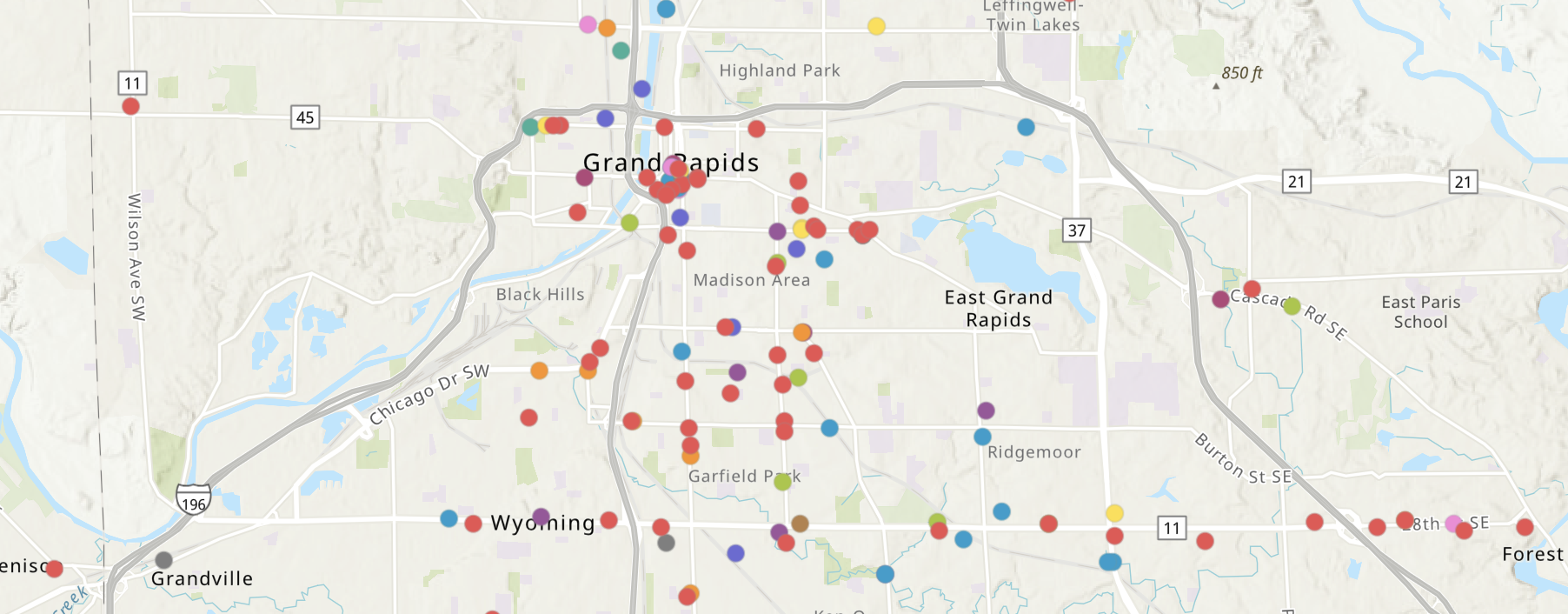 A screen shot of the BIPOC-Owned Businesses Map of Greater Grand Rapids. It shows a map of Grand Rapids with dots representing locations of BIPOC-owned businesses and organizations.